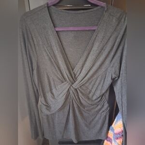 Women's Gray Knot-Front Long Sleeve Top